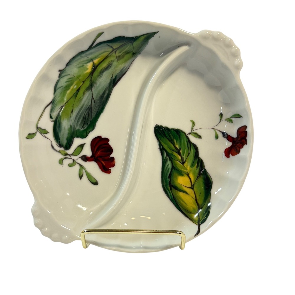 Mottahedeh Design Divided Serving Dish Leaf Floral Hand Painted‎ Cottagecore